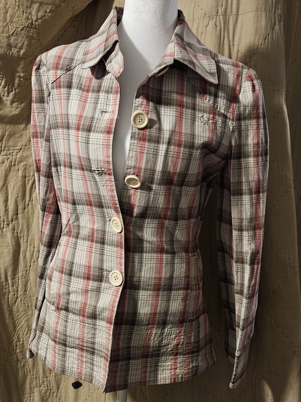 O'Neill Women's Plaid Fitted Jacket Blazer Size M Brown Red Cream Y2K